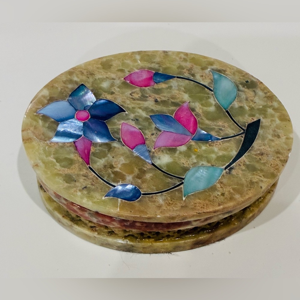 Vintage-style stone trinket box with iridescent floral inlay, in new condition